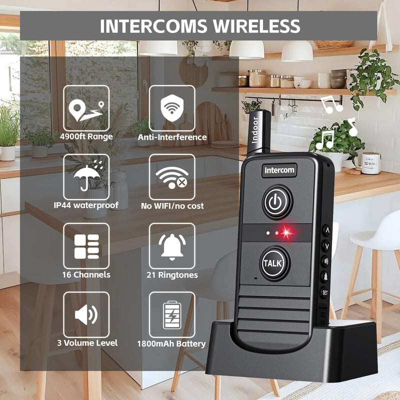 [Australia - AusPower] - Wireless Intercoms System for Home, 4900ft Communication Intercom Range IP44 Waterproof 1-16 Channel for House Business Office Hospital Hotel Factory (2 Packs, Black) Black/2 Indoor unit 