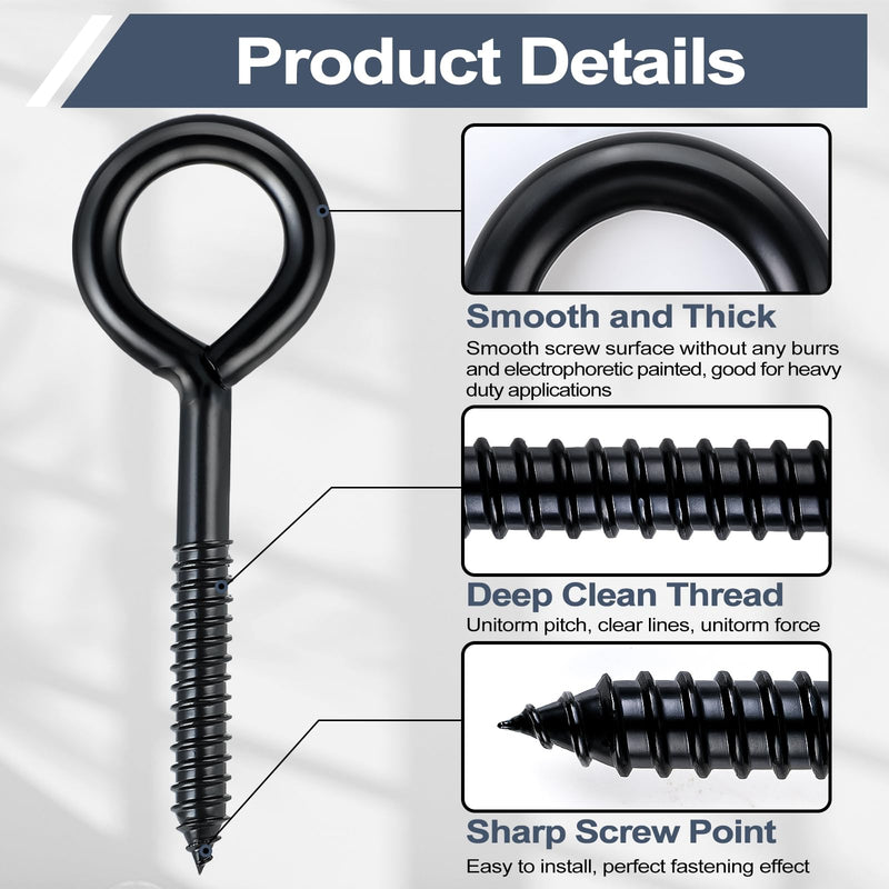 [Australia - AusPower] - DELSWIN Eye Hooks Screw Eye Bolt - 800Lbs, 6 Inch Heavy Duty Eye Hooks, Rustproof Self Tapping Eye Bolts Eyelet Screw for Indoor & Outdoor, Hammock, Swing, Securing Cables Wire (4 Pack) Black (6Inch)-4Pcs 
