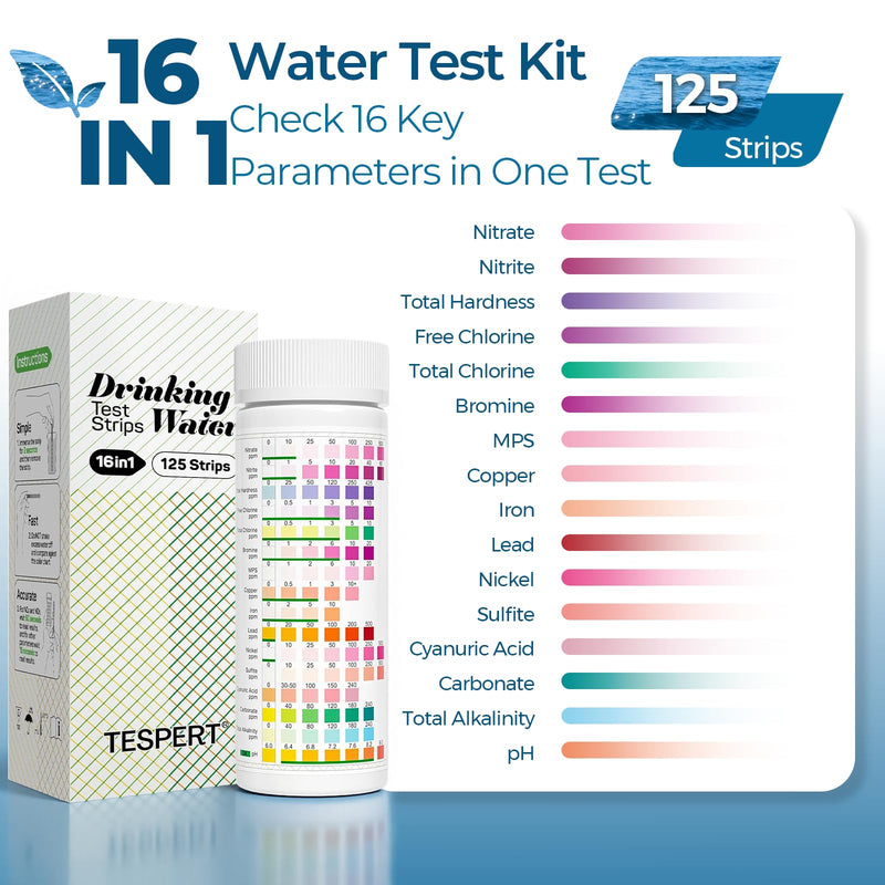TESPERT Drinking Water Test Strips 125ct 16 in 1 – 30s Quick Screening for Hardness, pH, Iron, Nitrite, Copper, Chlorine, Nitrite, Carbonate,Lead, Alkalinity...Well, Tap, Home, City Water Testing 16 in 1 Drinking Water Testing Kit