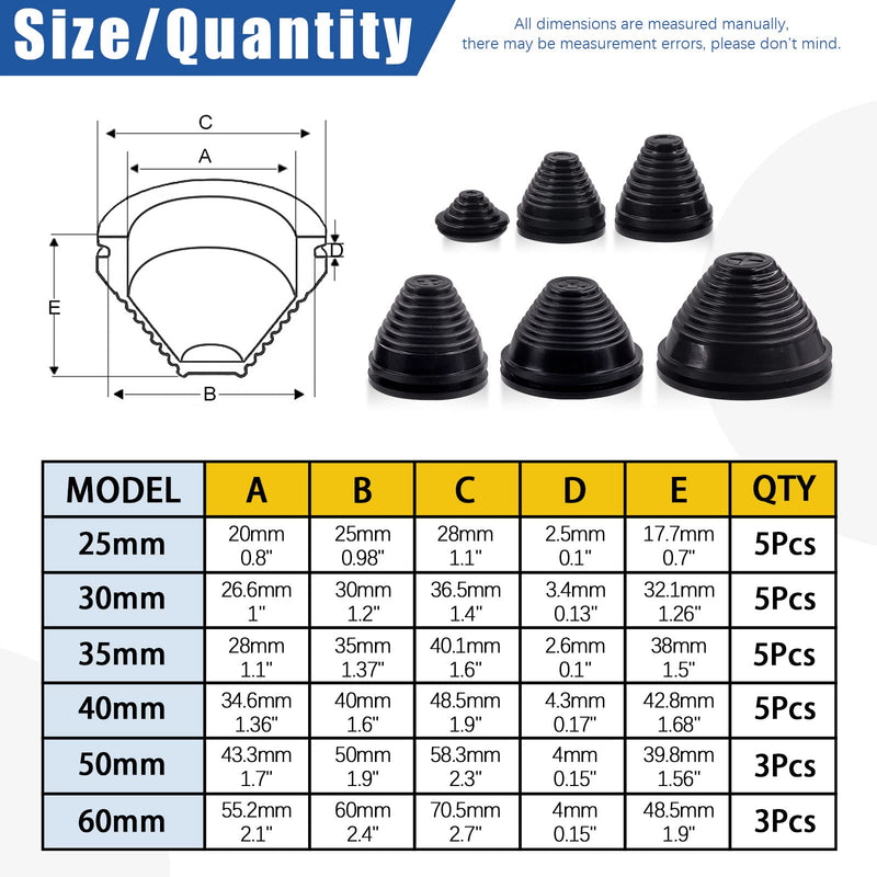 Glarks 26Pcs 6 Sizes Rubber Grommets Assortment Kit, 25mm/30mm/35mm/40mm/50mm/60mm Drill Hole Grommets Wire Protection Firewall Hole Plug for Wire, Plug, Plumbing