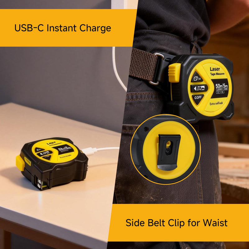 2-in-1 Digital Tape Measure with Laser, Rechargeable Laser Measuring Tool | 164Ft/50m Laser Measure & 16Ft/5m Auto-Lock Tape | w/Backlit LCD Display, Area & Volume Calc | Ft/in/M/Ft+in Units