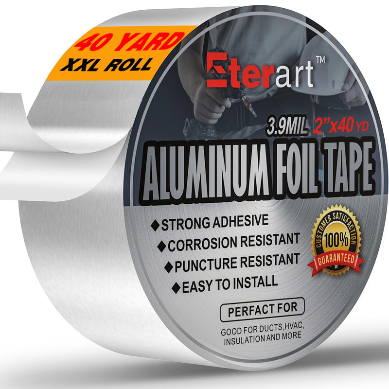 ETERART Aluminum Foil Duct Tape Heavy Duty,High Temperature Sealing and Patching,for HVAC,Air Ducts,Metal Repair, Foamboard,Insulation,Dryer Vent and More,2 Inch x 40 Yards,Silver 2 Inches x 40 Yards