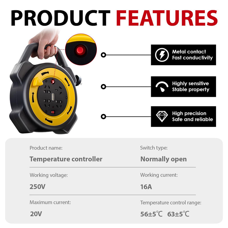Thermal Circuit Breaker for Cable Reel, 1-Pole, 250 V, 16 A, 56 °C, Switch Plug Combination 250 V, Fuse 16 A, Thermal Switch 230 V, Overheating Protection, for 230 V Cable Reels and Electrical Devices