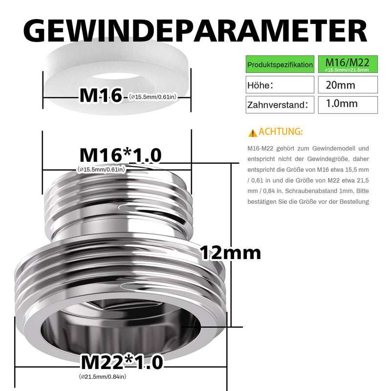 Tap Adapter M16 to M22-2 Pieces, Thread Adapter for Male Thread M16 and M22, Suitable for Kitchen Taps, Water Savers, Water Cleaners, Hose Connections (Silver, M16-M22) Silvery