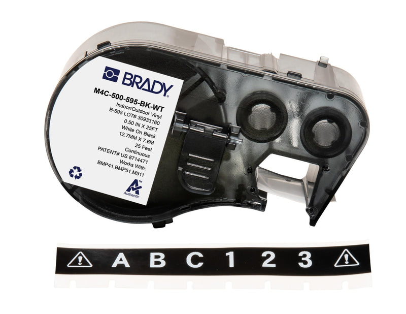 Brady Authentic (M4C-500-595-BK-WT) All-Weather Vinyl Labels 0.5 in W x 25ft White on Black. for use with BMP41, BMP51, M410, M510, and M511 Label Printers.