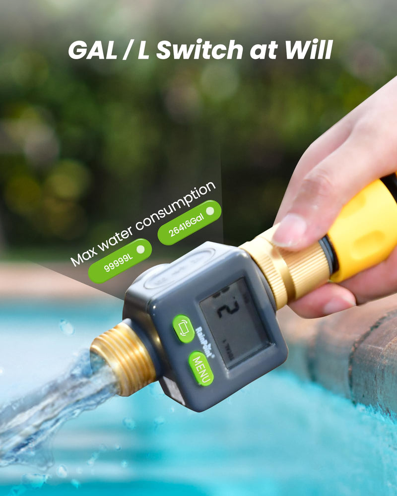 [Australia - AusPower] - RAINPOINT Water Flow Meter with Brass Inlet & Outlet, 180° Screen-Flip Water Meter, Measure Gallon/Liter Consumption for RV Filling, Garden Watering, Sprinkler and Hoze Nozzle Gray 1 pcs 