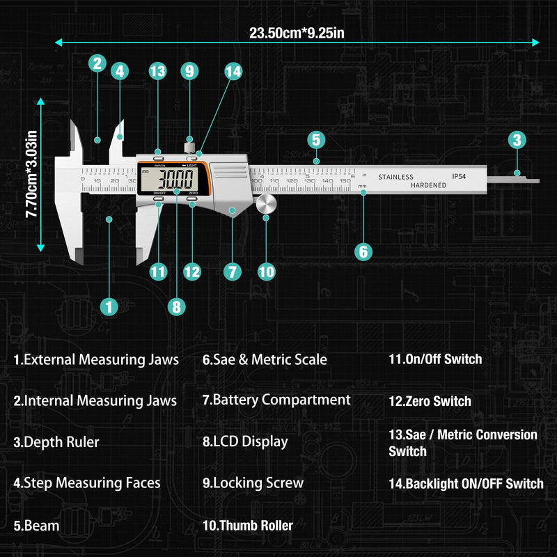 [Australia - AusPower] - Digital Caliper 6 inch 150mm Micrometer Caliper All Stainless Steel Electronic Diameter Measuring Tool with Large LCD Screen for Household/Jewelers/DIY 