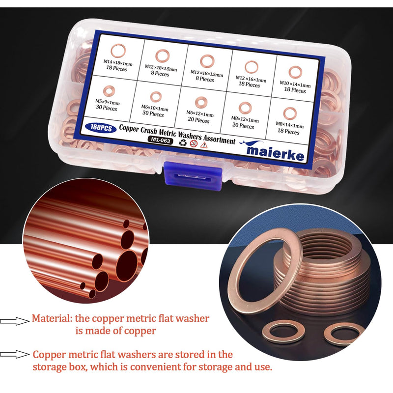 [Australia - AusPower] - 188PCS 9 Sizes Metric Copper Crush Washers Assortment Kit Flat Ring Sealing Washer M5 M6 M8 M10 M12 M14 