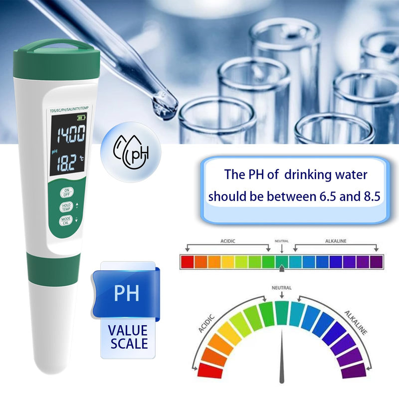 [Australia - AusPower] - 5-in-1 Water Quality Tester - TDS/PH/Temp/Salt/EC Meter - High-Precision Chip & Algorithm for Fast & Accurate Measurements - Ideal for Drinking, Tap, Well, Pool, Aquarium, Hydroponics 