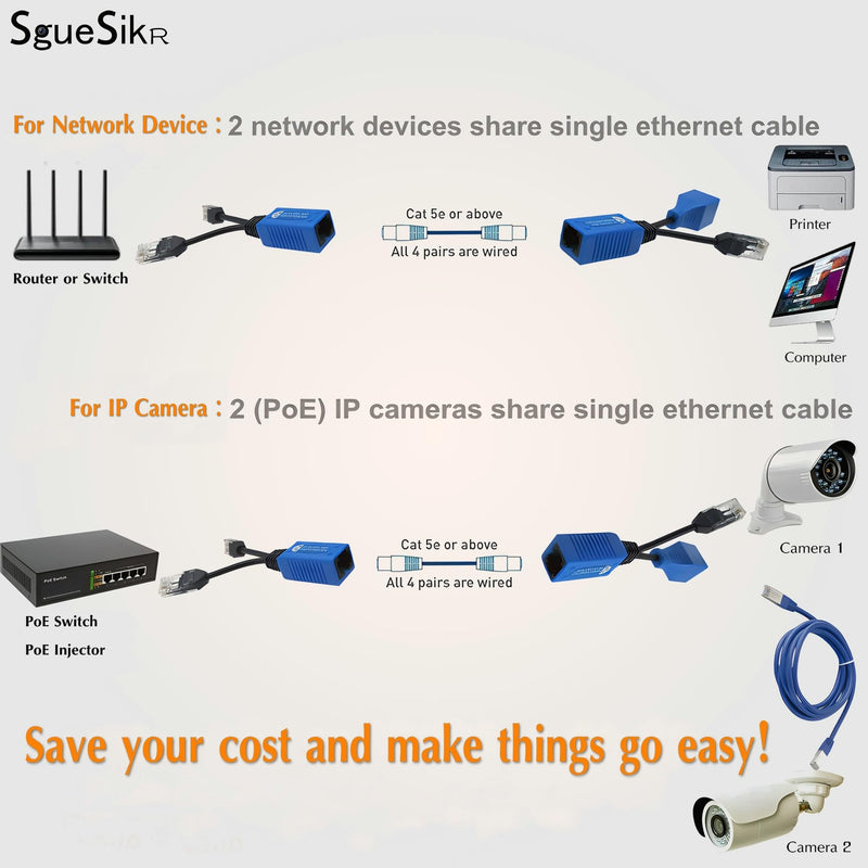 8 Pair PoE Ethernet Splitter | 2-in-1 Cat5 Combiner | Waterproofed RJ45 Cable Sharing Kits | for 16 Security IP Camera NVR Surveillance System and More | 16 Feed-Through RJ45 Modular Included