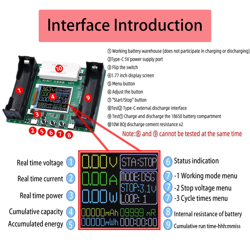 [Australia - AusPower] - DC 5V/18650 Batteriekapazitätstester-Modul Batterie-Innenwiderstandstester mit LCD-Display für Lithiumbatterie Typ-C 
