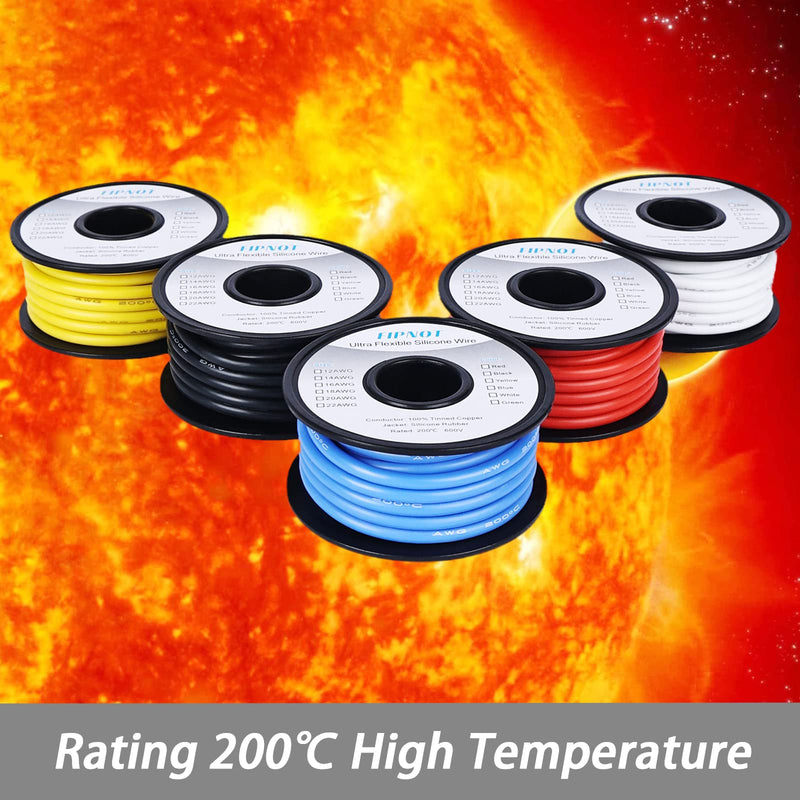 Flexible 12 Gauge Silicone Wire 50ft, 12 AWG Stranded Automotive Wire (Red+Black+Blue+Yellow+White 5 Colors Each 10ft) 100% Tinned Copper Conductor Rated 392℉ 600V 5 Colors - Red, Black, Blue, Yellow, White