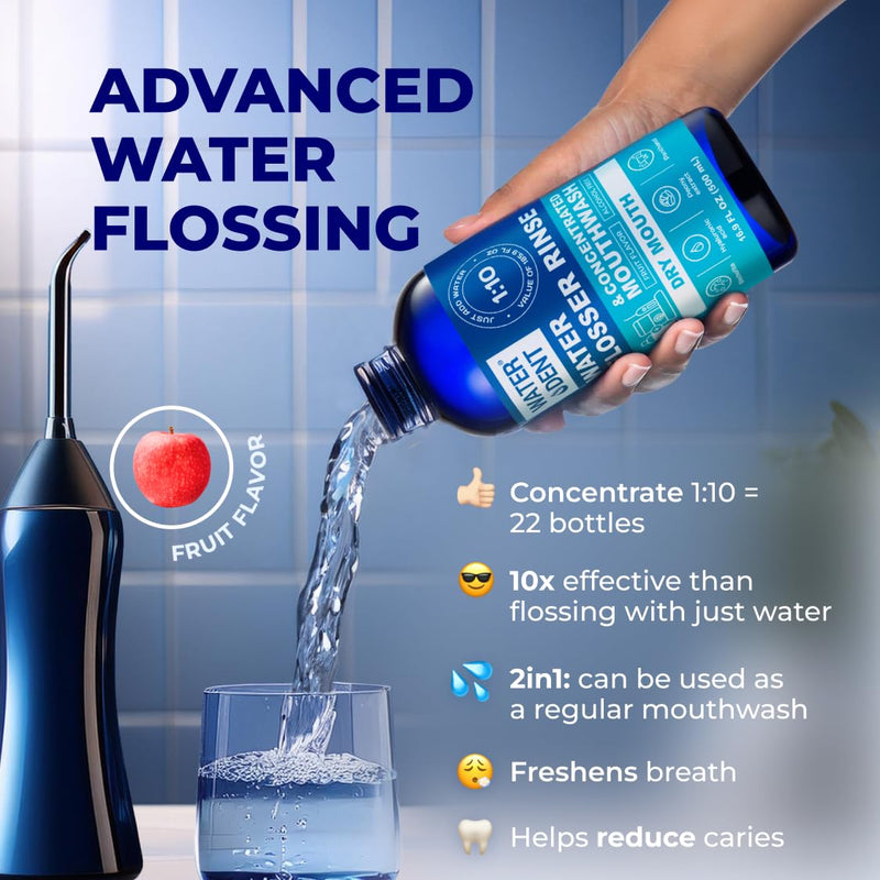 WATER DENT Water Flosser Rinse, Solution, Additive & Mouthwash for Dry Mouth – Compatible with Waterpik & All Oral Irrigators, with Hyaluronic Acid, Alcohol & Fluoride Free, Fruit Mint, 16.9 fl oz 16.9 Fl Oz (Pack of 1)