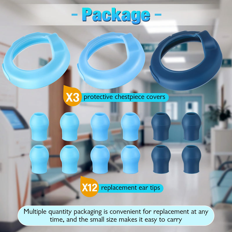 [Australia - AusPower] - Echo Stethoscope Accessories Compatible with EKO Core 500 Digital Stethoscope, 3 Pcs Silicone Protective Chestpiece Cover and 12 Pcs Ear Tips Replacement, Dustproof Protection Design 