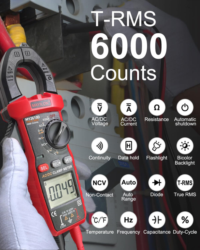 [Australia - AusPower] - Digital Clamp Meter, Multimeter TRMS 6000 Counts Amp Volt Meter Auto-ranging Measures AC/DC Voltage, AC/DC Current Capacitance NCV Frequency Live Wire Resistance Diode Temperature Continuity MY2610D 