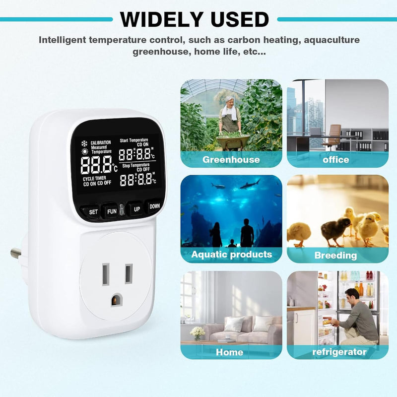 [Australia - AusPower] - KABASI Digital Temperature Controller, Heavy Duty 15A/ 1800W Thermostat Outlet with Sensor, Heating Cooling Control Timer Plug Socket for Greenhouse Refrigerator Terrarium Aquarium, -104℉~210℉ 