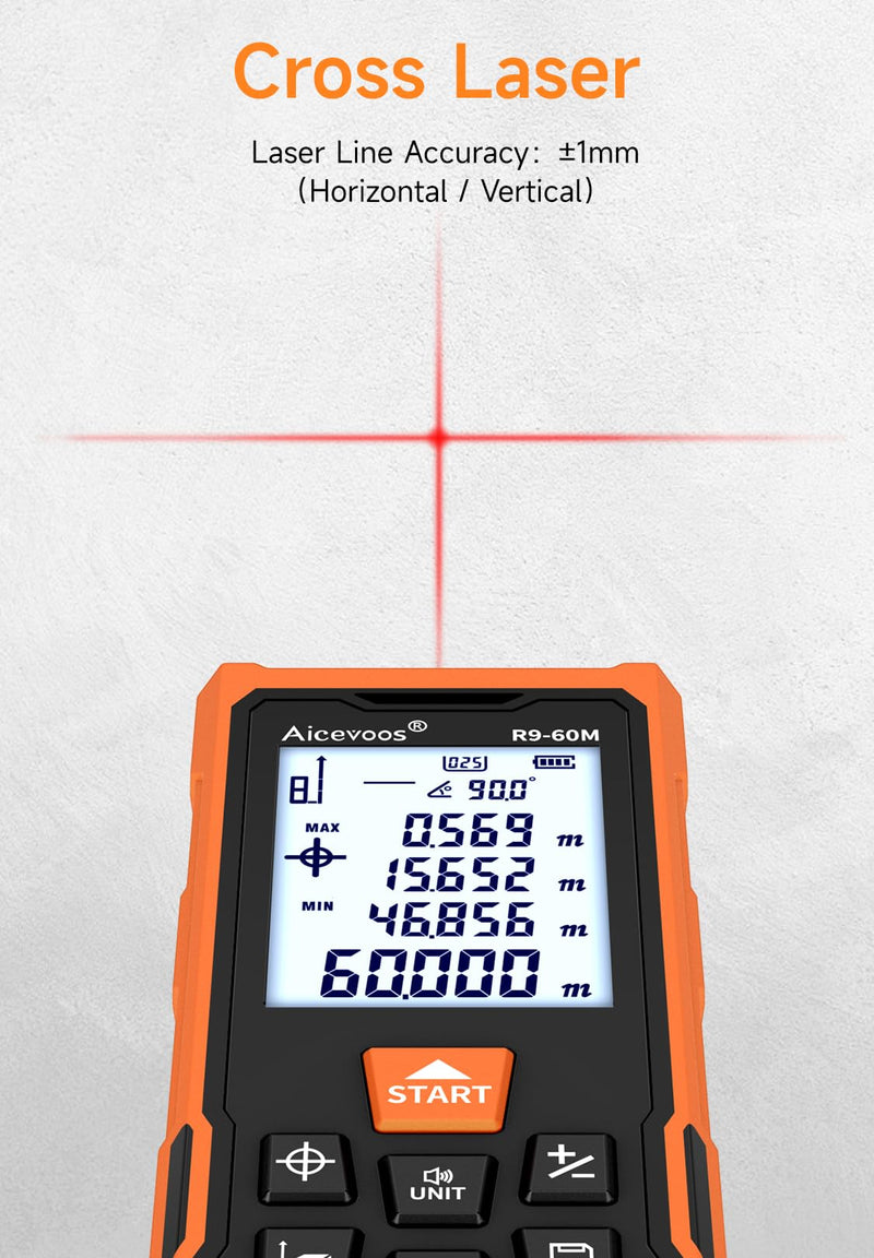 R9 Laser Measure 60m/196ft with Large Backlit Screen and Cross Laser, Digital Laser Measurement Tool with Electronic Angle Measures Distance, Area and Volume