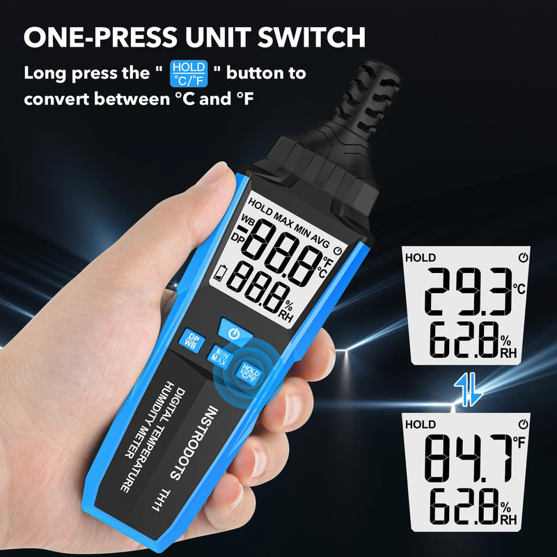 Temperature Humidity Meter, High Precision Digital Hygrometer with Ambient, Dew Point, Wet Bulb Temperature for Indoor Outdoor, Thermometer with Min/Max, Data Hold, LCD Backlight, TH11 Blue