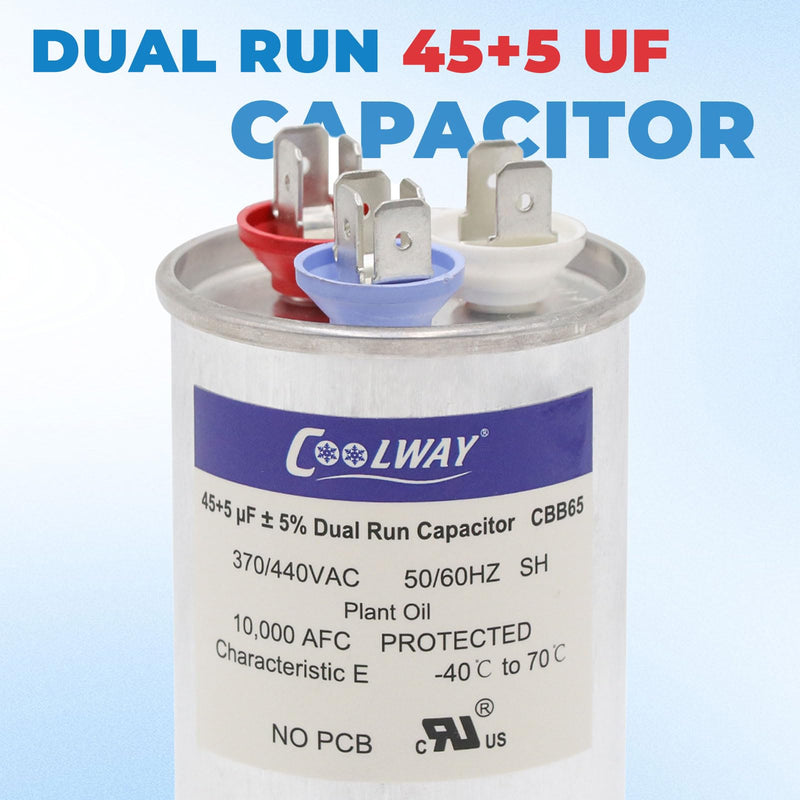 [Australia - AusPower] - COOLWAY 45/5 uF 45+5 MFD 370V or 440V Dual Run Start ac Capacitor for ac 45 5 CBB65r CBB65b Capacitor 370 440 volt vac Air Conditioner Capacitor for Motor Start or Heat Pump, condenser, pool pump 45+5MFD 