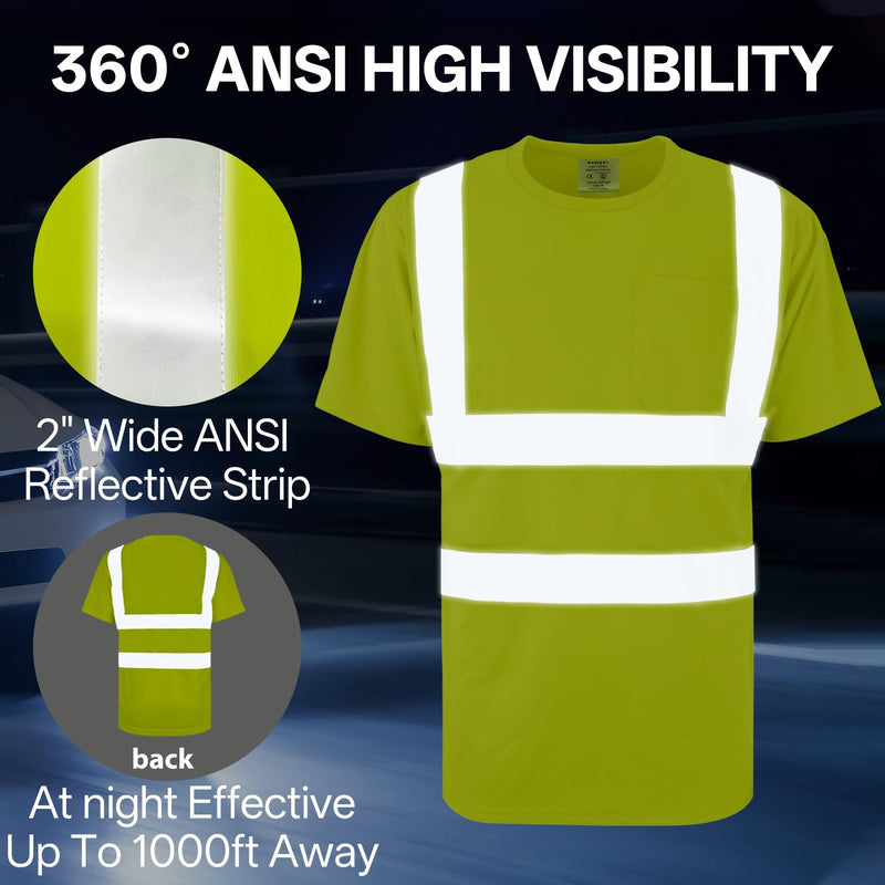 wefeyuv High Visibility Shirts for Men & Women, Short Sleeve Class 2 Safety T Shirts with Reflective Strips and Pocket, Durable & Breathable for Construction Work Use, Yellow, 2XL XX-Large Hi-vis Yellow