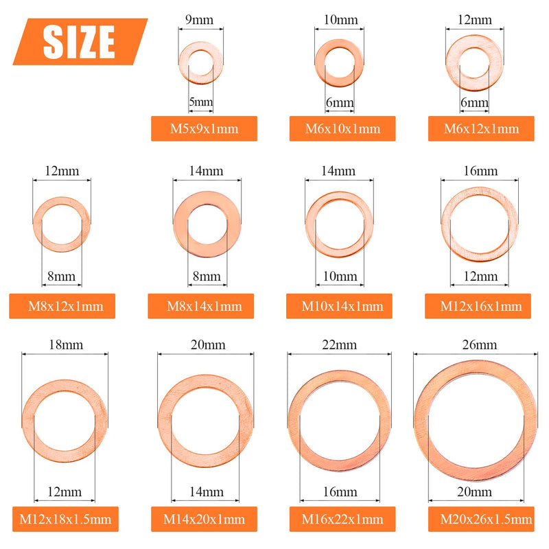 [Australia - AusPower] - 325 Pieces Copper Washers, HELIFOUNER 11 Sizes Copper Metric Sealing Washers, Flat Washers Assortment Kit (M5 M6 M8 M10 M12 M14 M16 M20) 325 Pieces Copper Washers Set 