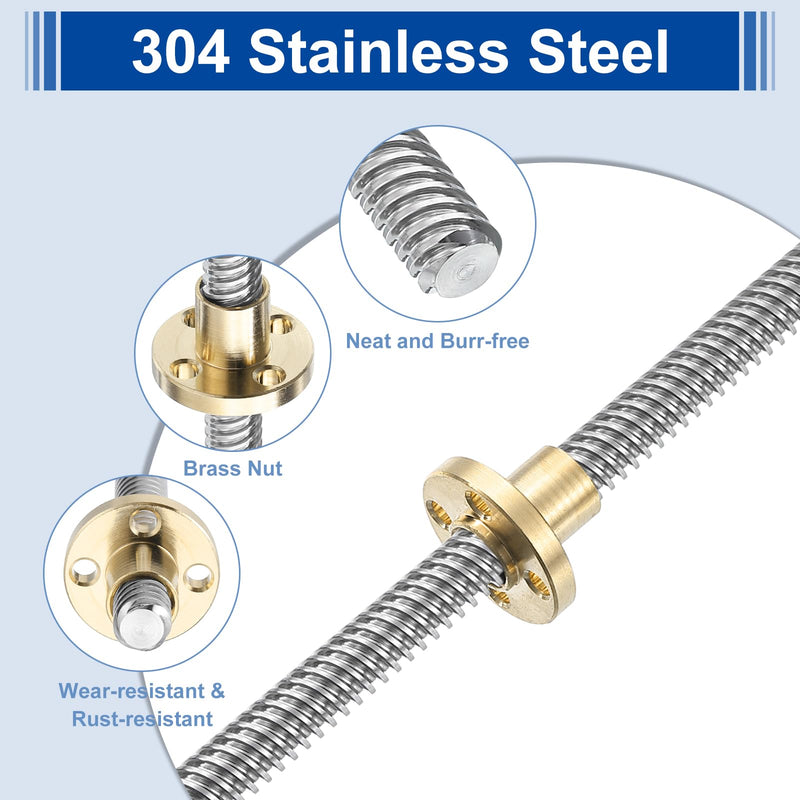 uxcell 2Pcs 480mm Tr8x8 Lead Screw with Brass Nut (Acme Thread, 2mm Pitch, 4 Starts, 8mm Lead), 304 Stainless Steel Screw Bar Printer Upgrade Parts with Plastic Packaging Tube, Silver