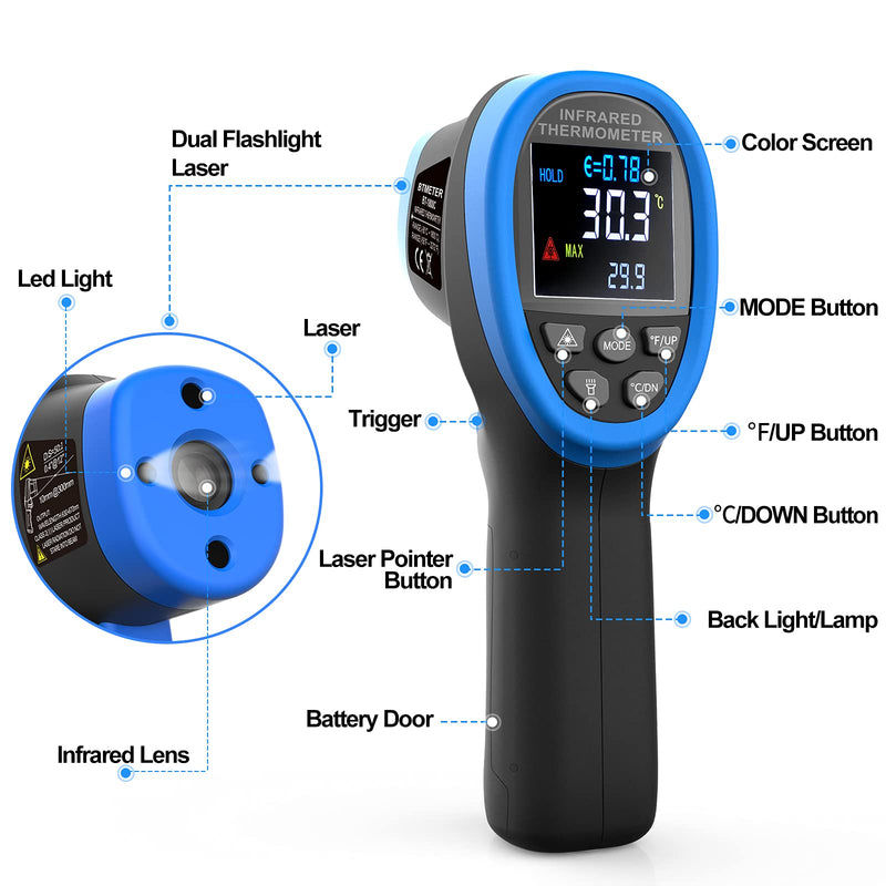 [Australia - AusPower] - BTMETER BT-1800C Pyrometer -58°F ~3272°F (-50~1800℃) IR Temp Gun, D:S 50:1 High Temperature Infrared Thermometer for Industrial HVAC Forge Furnace Metal Smelting (NOT for Human Temp) BT-1800C Blue (-58°F ~3272°F) 