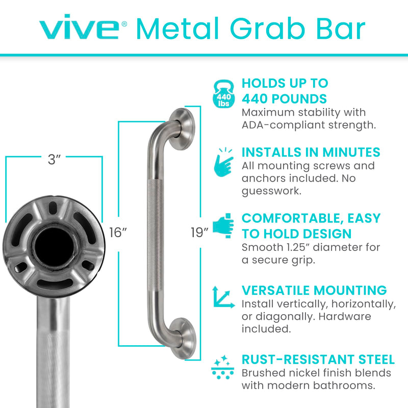 Vive Textured Shower Bars for Elderly | Metal Bathroom Safety Rail, Anti-Slip Shower Handle, Stainless Steel Wall Handrail, Heavy Duty Handicap Support, 440 lb 16" (Inches)