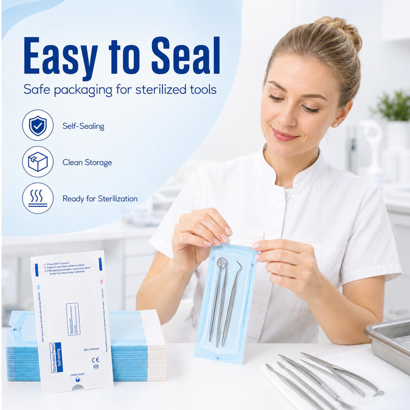 100 x Disposable Sterilisation Bags with SK Closure, Self-Adhesive, Steri Bags for Autoclaves (9 x 16.5 cm)
