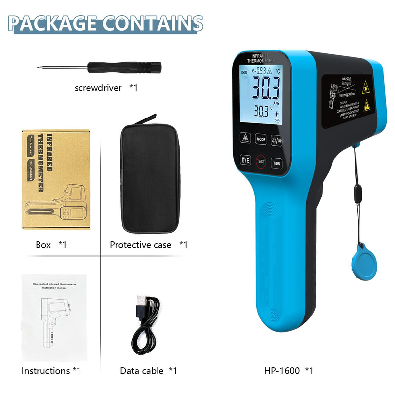 [Australia - AusPower] - Infrared Thermometer Gun Rechargeable, -58℉~2912℉ High Temp Laser Industrial Thermometer, D:S=30:1 Touch Button Waterproof Pyrometer, Digital IR Temperature Gauge with Type-C Port (NOT for Human) HP-1600(Rechargeable -58℉~2912℉) 
