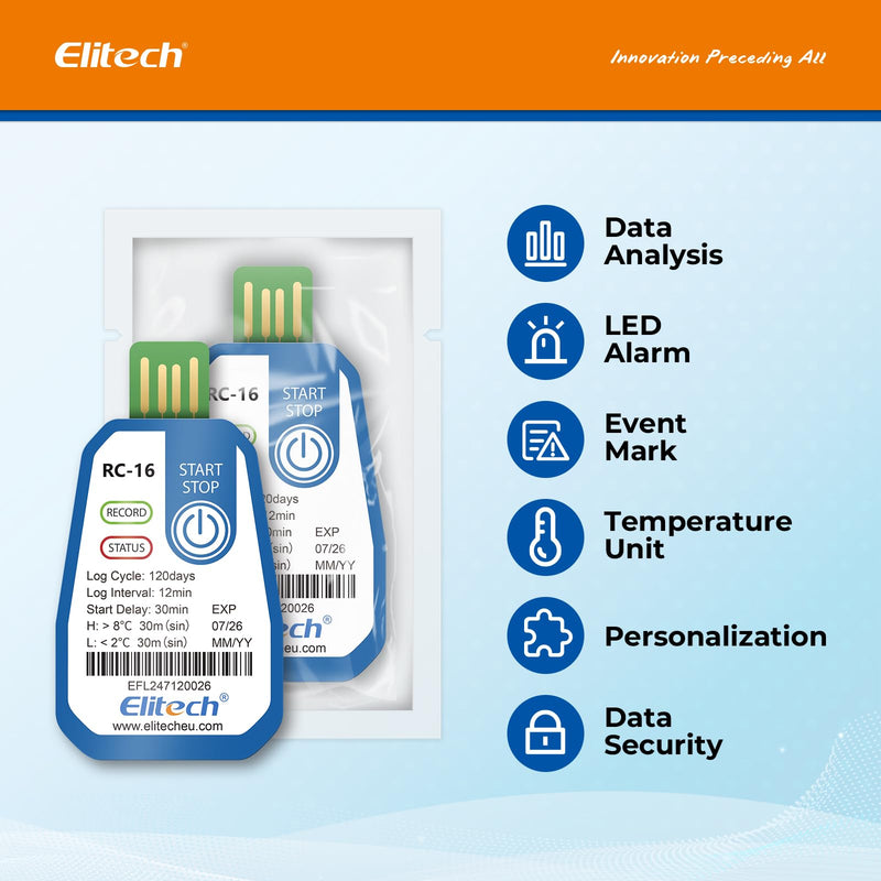 Elitech RC-16 Disposable USB Temperature Logger 120 Days Continuous Recording for Food, Medication & Vaccine Cold Chains, Alarm Function, IP67 Water Protection, Adjustable Parameters 1