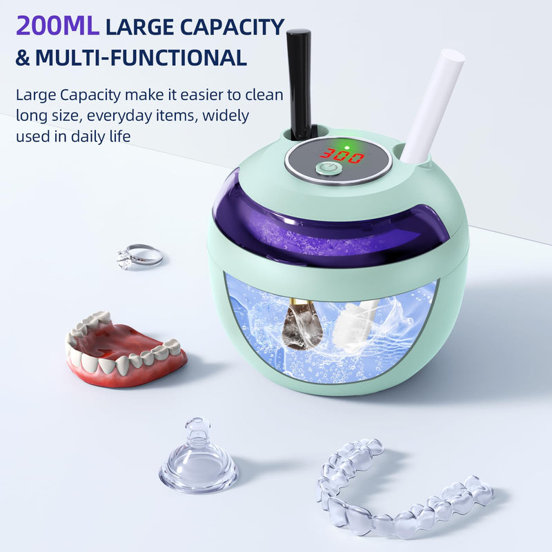 [Australia - AusPower] - Ultrasonic Retainer Cleaner, Retainer Cleaner for Dentures, Mouth Guards, Braces, Toothbrush Heads, Jewelry with UV-C Cleaner, 45kHz Ultrasonic, 4 Mode Ultrasonic Cleaner Machine (Green) Green 