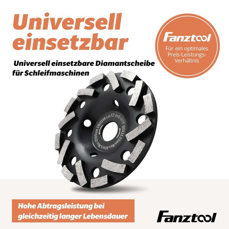 FANZTOOL Premium Diamond Cup Wheel Abrasive 125 mm x 22.2 mm Sanding Disc for Abrasive Building Materials, Screed, Plaster, Asphalt 125 mm - Diamond