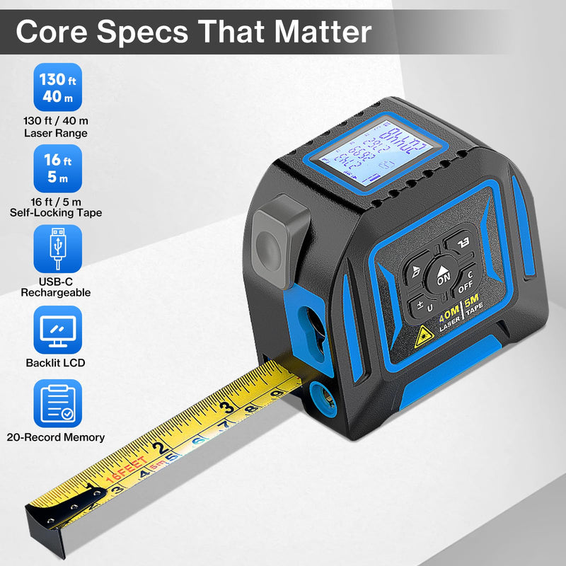 2-in-1 Laser Tape Measure, 130 Ft Laser Distance Meter and 16 Ft Self-Locking Measuring Tape, USB-C Rechargeable Digital Measuring Tape Laser Tape Measure 130ft/40m
