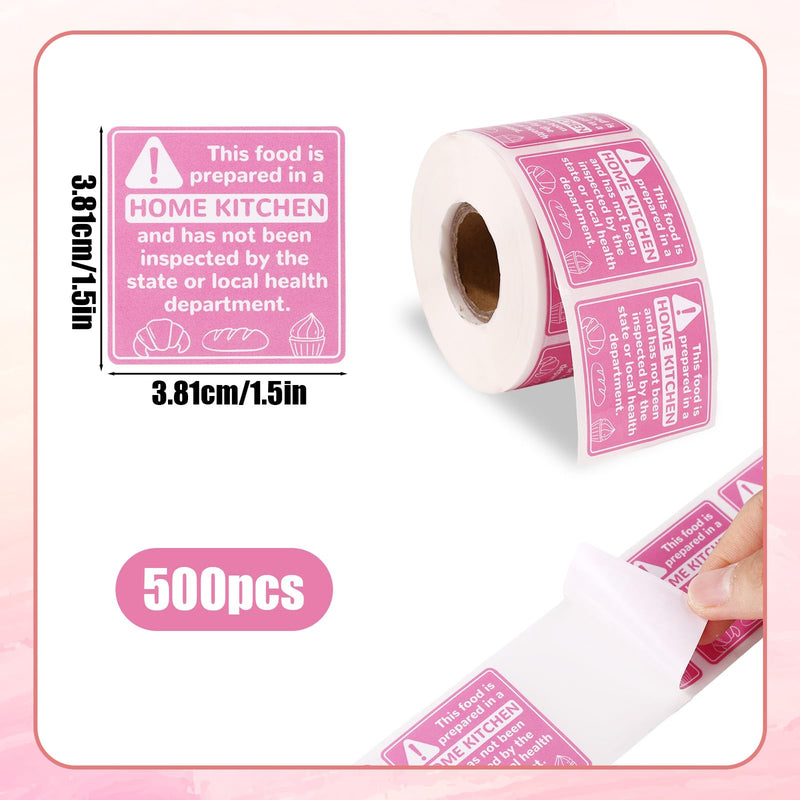 500pcs Cottage Food Law Labels, 3.81x3.81cm/1.5x1.5in Square Thermal Printed Adhesive Food Packaging Ingredients Baking Baked Stickers Decals for Home Made Homemade Bakery Compliance (Pink)