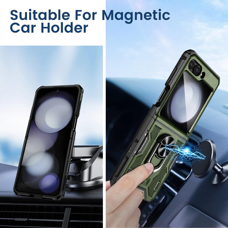 [Australia - AusPower] - VEGO for Z Flip 5 Case with Hinge Protection, 360°Ring Magnetic Kickstand & Camera Screen Protector & Belt Clip Holster, Military Grade Shockproof Case for Samsung Galaxy Z Flip 5 - Green 