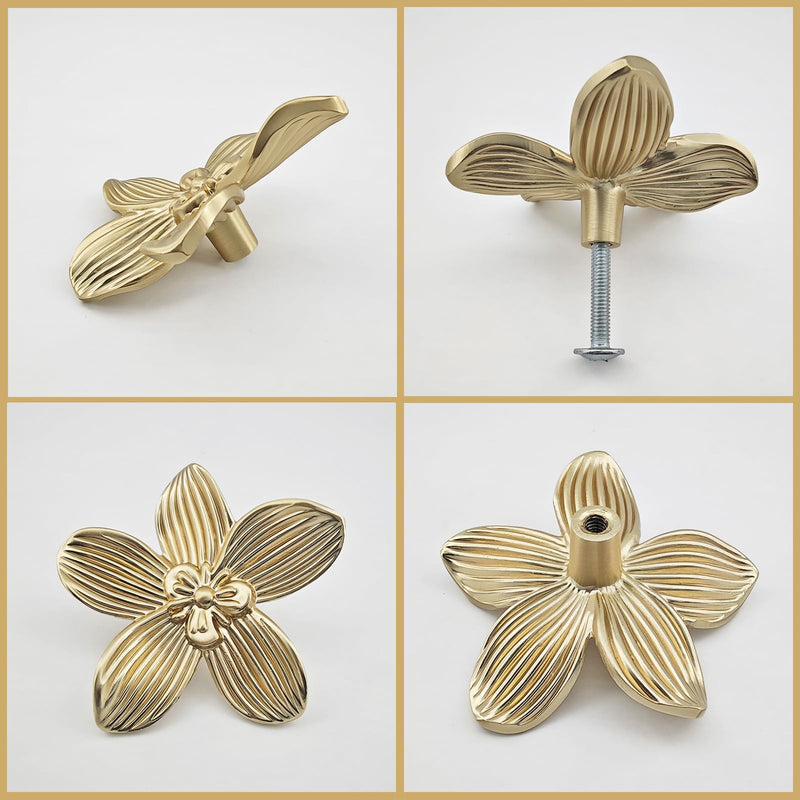 10 Pack Gold Flower Drawer Knobs, 60mm/ 2.36" Gold Decorative Floral Caninet Pulls, Creative Petal Knobs for Dresser Drawer, Bathroom Kitchen Cupboard Furniture Hardware (10 Flower) 10 Pack Brushed Gold Brass