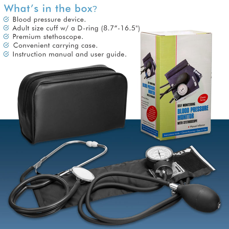 [Australia - AusPower] - NOVAMEDIC Adult Size Self Taking Black Aneroid Sphygmomanometer, Stethoscope Kit - Professional Blood Pressure Machine with Manual Inflation Cuff w/D-Ring, 8.7”-16.5", BP Monitor Kit w/Carrying Case 