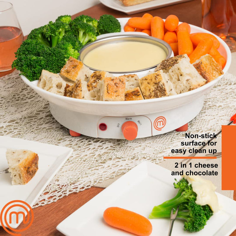 MasterChef Chocolate Fondue Maker- Electric Dessert Pot Set with 4 Forks & Removable Party Serving Tray- Melt or Warm Settings for Caramel Treats, Cheese- Charcuterie Appetizers, Date Night Gift