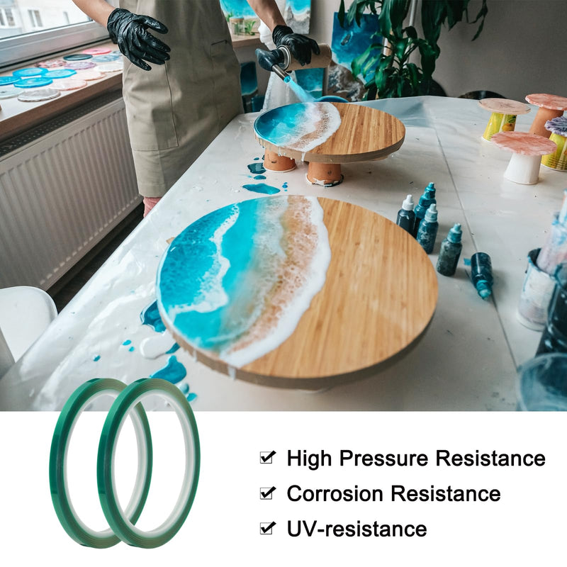 MECCANIXITY Resin Tape Silicone Adhesive Tape High Temperature Resistance Easy Peeling Polyester for Epoxy Resin,River Tables,Craft,Remove Residue 0.2 Inch Wide 108FT Long(Green),Pack of 4