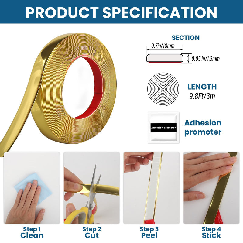 Peel and Stick Molding Trim Waterproof Mirror Tape Border Flexible Wall Trim Molding Self Adhesive for Home Decoration Wall Protection(9.8 Ft) 9.8 Ft Gold