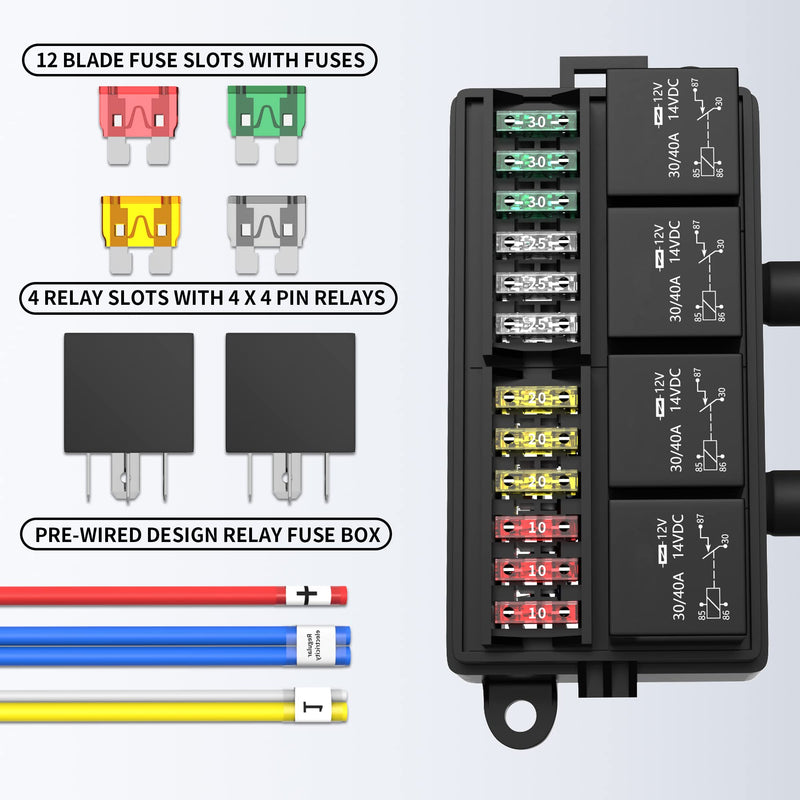 [Australia - AusPower] - RVBOATPAT 12 Volt Fuse Relay Box Pre-Wired Fuse and Relay Box with 4 Relays and 12 Way ATC/ATO Fuses Sealed 12V Relay Fuse Box Block for Auto Car Marine Boat 