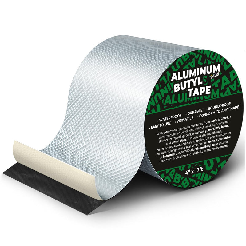 VViViD Aluminum Butyl Tape (4” x 17ft), Maximum Protection, Durable Waterproof Heavy Duty for RV Repairs, Windows, Water Pipes, Gutters, Patching Leaks 4” x 17ft