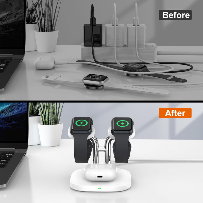 [Australia - AusPower] - Dual Watch Charger Stand for Apple Watch, 3 in 1 Wireless Charging Station Stand Compatible with Apple Watch Ultra 2/9/8/7/6/5/3/2/SE, Wireless Charger Dock for Airpods Pro 2/3/2 (White) White 