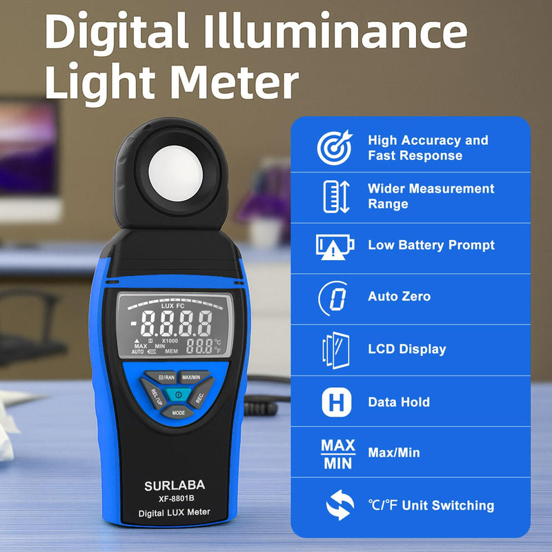 [Australia - AusPower] - Digital Light Meter 0.1-400,000 Lux - Professional Lux/FC Tester with Temperature Sensor, MAX/MIN Hold & 90° Rotatable Sensor for Photography, Plants, and Indoor Lighting (Blue) 