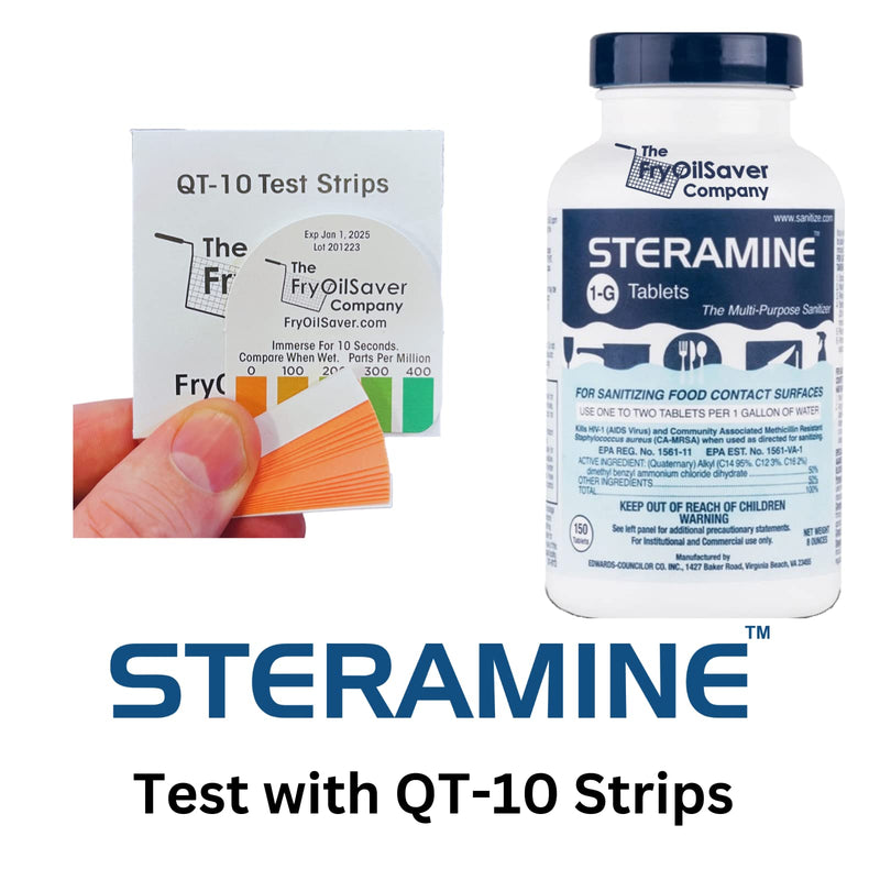 2 Bottles Steramine Sanitizer Tablets - 15x QT-10 Test Strip - Multi Purpose Steramine Sanitizing Tablets for Food Contact Surface in Kitchen, Restaurant & Food Service by FryOilSaver Co. (300 Count) 2 Pack