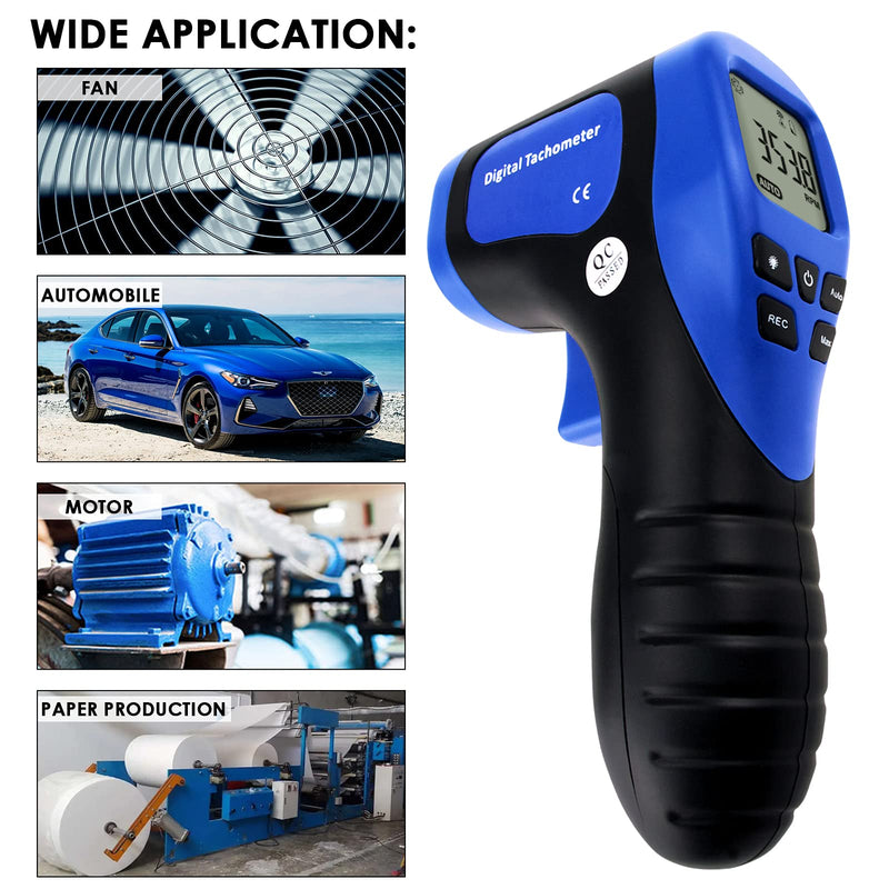 Digital Non-Contact Photo Tachometer, Laser Tachometer with Data Recording Function, Reflective Tapes, Measuring Range: 2.5-99999 RPM
