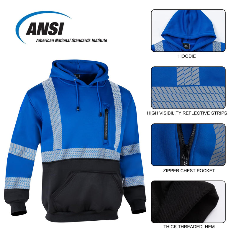 VENDACE High Visibility Reflective Safety Fleece Sweatshirt Hoodies for Men ANSI Class 3 Hi Vis Pullover Hoodie Jacket(Royal blue,2XL) XX-Large Royal Blue