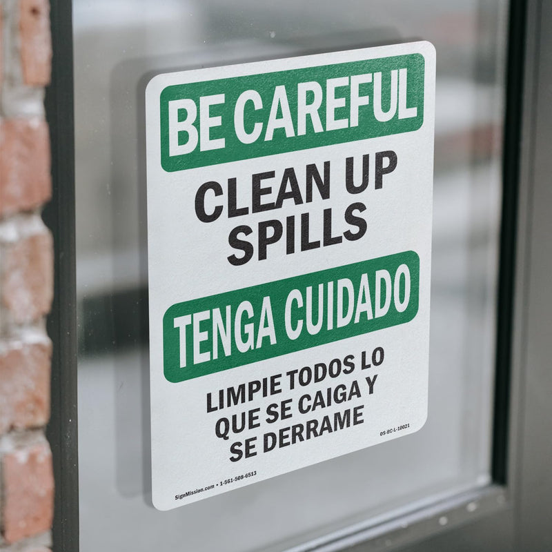 Clean Up Spills Bilingual OSHA Be Careful Vinyl Decal Label 18 Inch x 12 Inch - 5 Pack 5 Pack of 18" x 12"