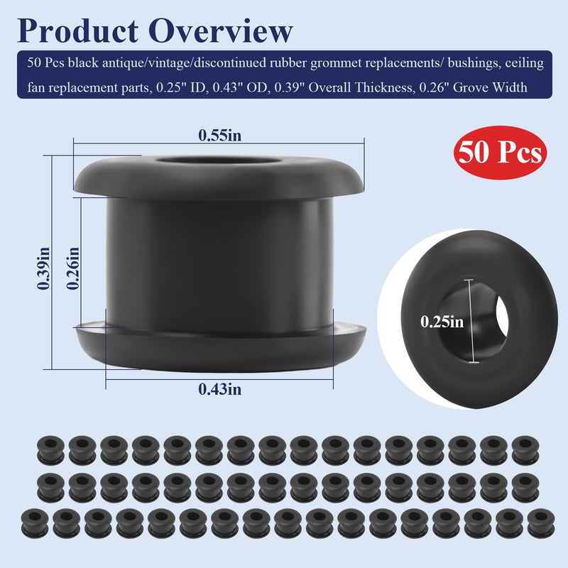 50 Pcs Antique/Vintage/Discontinued Rubber Grommets Fit for Hunter Ceiling Fans, Ceiling Fan Blade Replacement Rubber Grommets, Ceiling Fan Washers/Bushings fits Hunter Fan Blade Grommets Spare Kit 50 Pcs Black